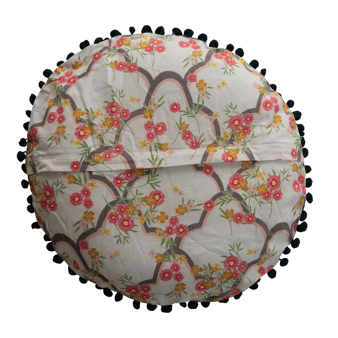 16" round cotton pillow w/ embroidery, printed back & pom pom trim, multi color color swatches.