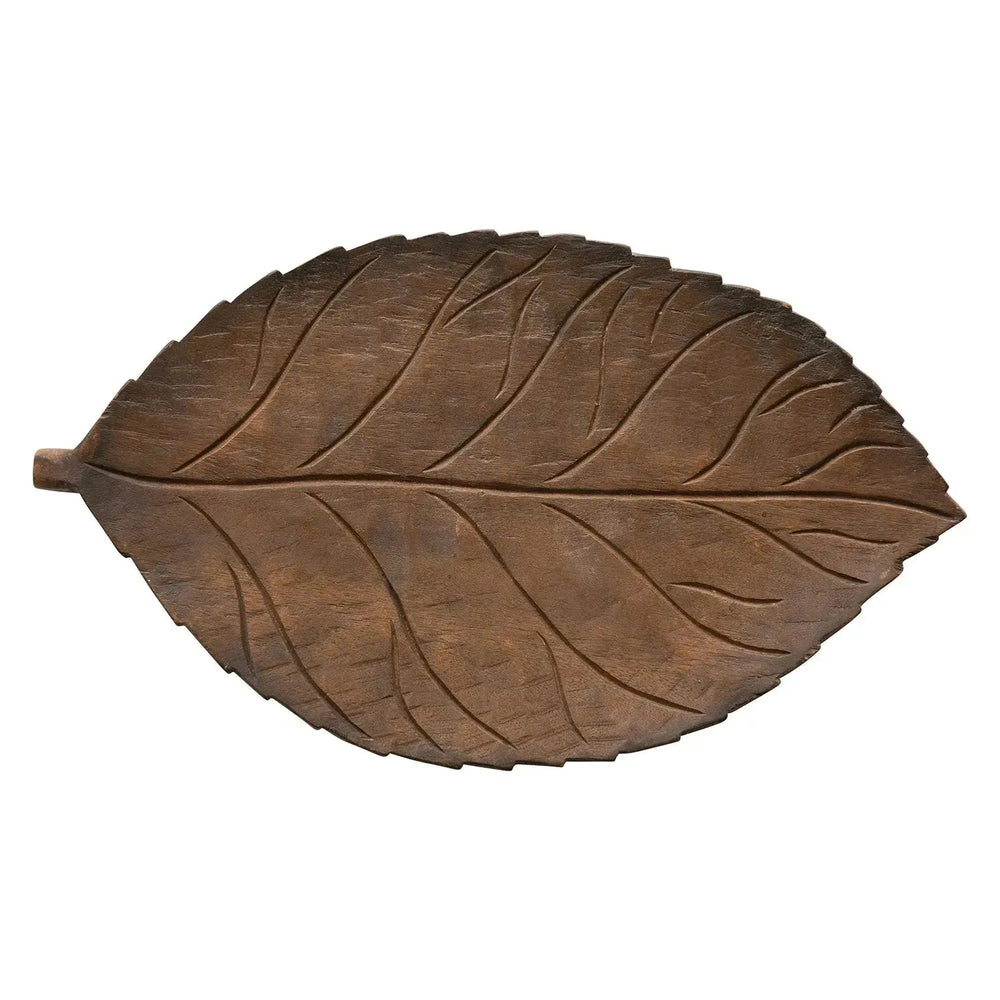 16"l x 9-1/2"w x 1"h hand-carved mango wood leaf tray decor in white background.