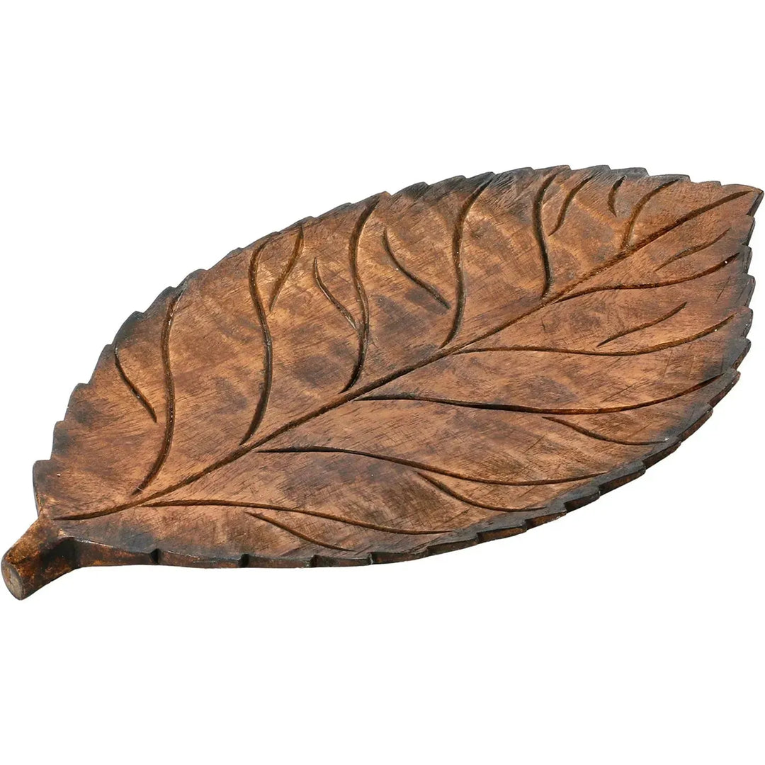 16"l x 9-1/2"w x 1"h hand-carved mango wood leaf tray decor in real life style.