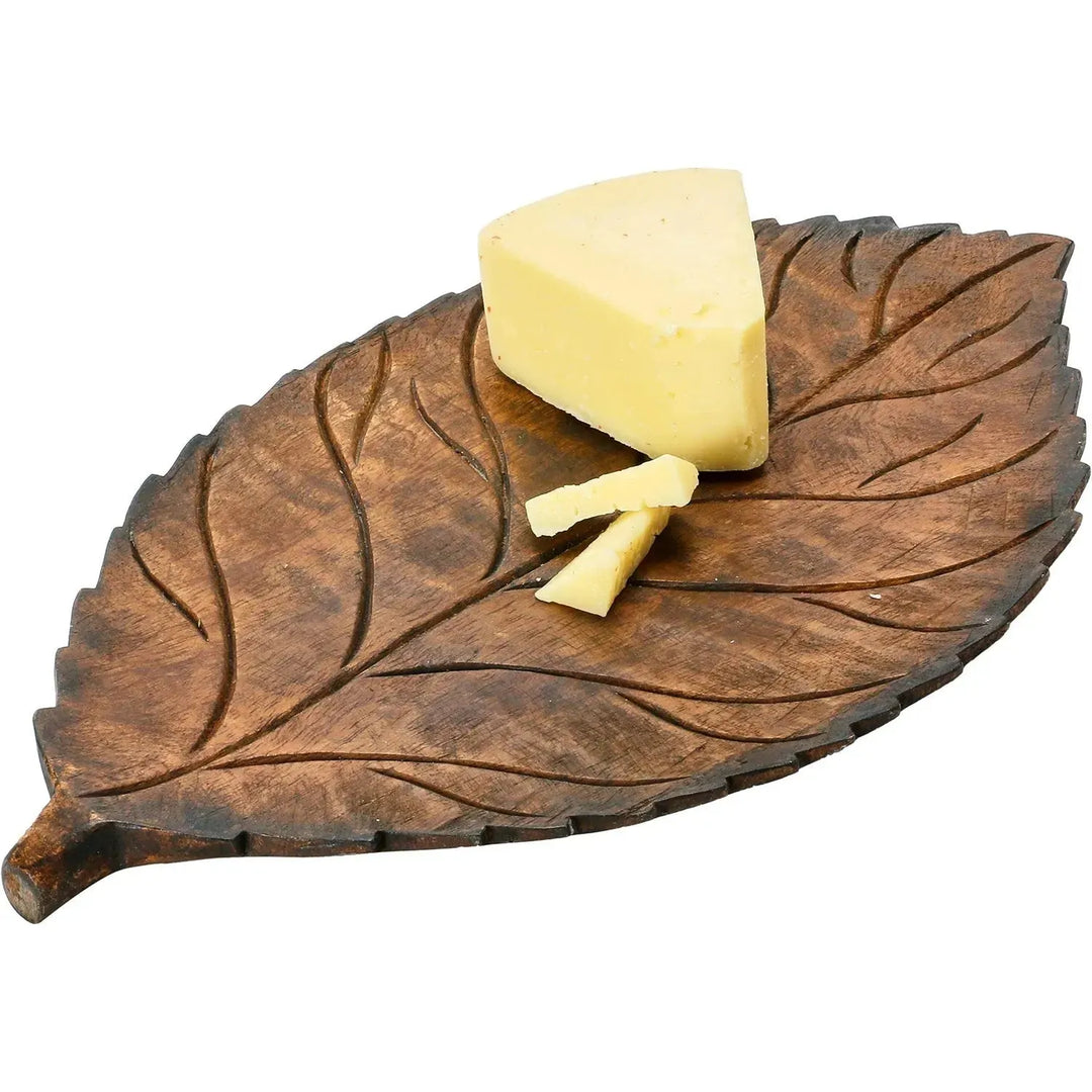 16"l x 9-1/2"w x 1"h hand-carved mango wood leaf tray decor size charts.