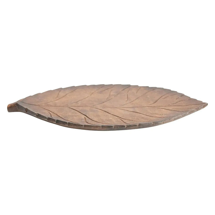 16"l x 9-1/2"w x 1"h hand-carved mango wood leaf tray decor color swatches.