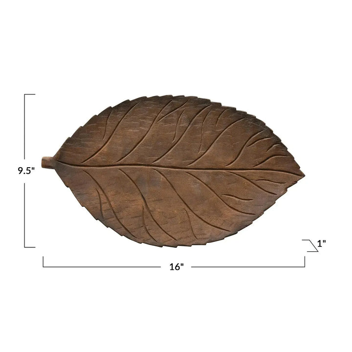 16"l x 9-1/2"w x 1"h hand-carved mango wood leaf tray decor material variants.