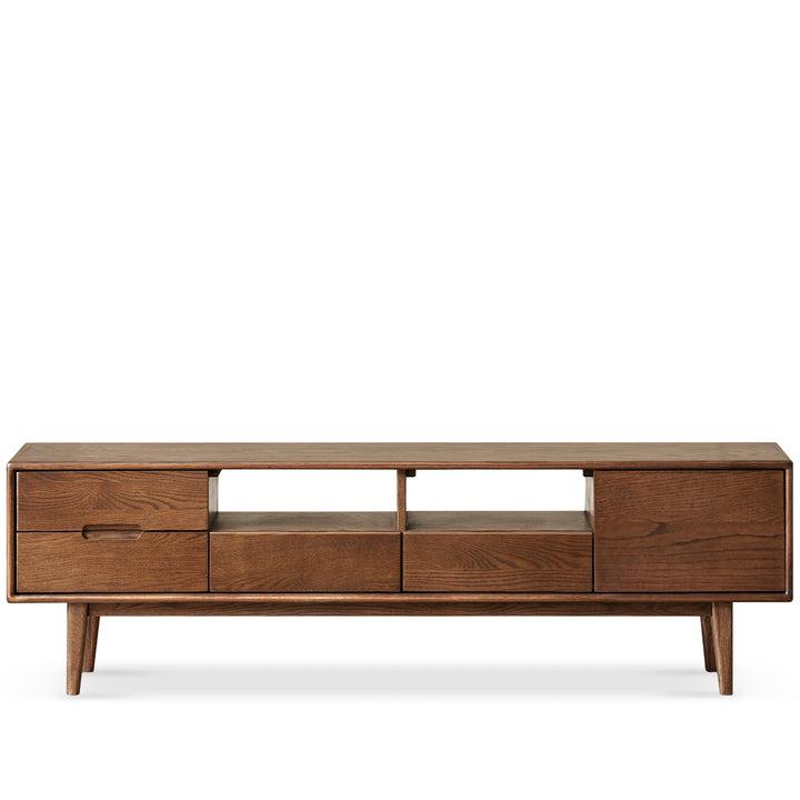 Scandinavian oak wood tv console berry walnut in still life.