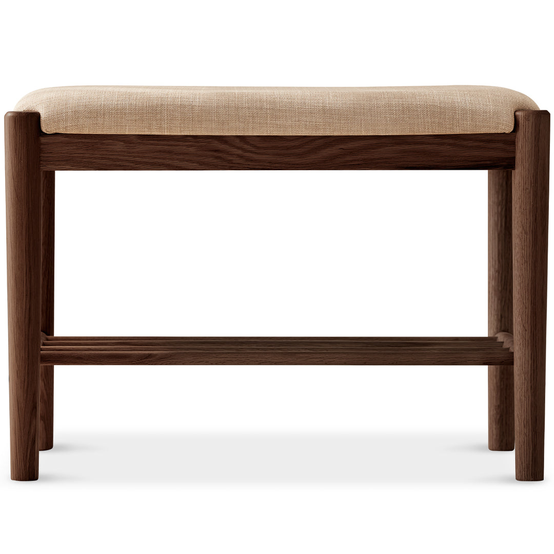Scandinavian oak wood shoe changing bench fuji walnut in panoramic view.