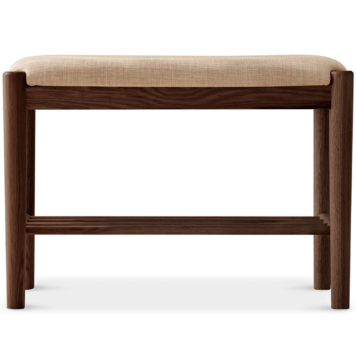 Scandinavian oak wood shoe changing bench fuji walnut in panoramic view.