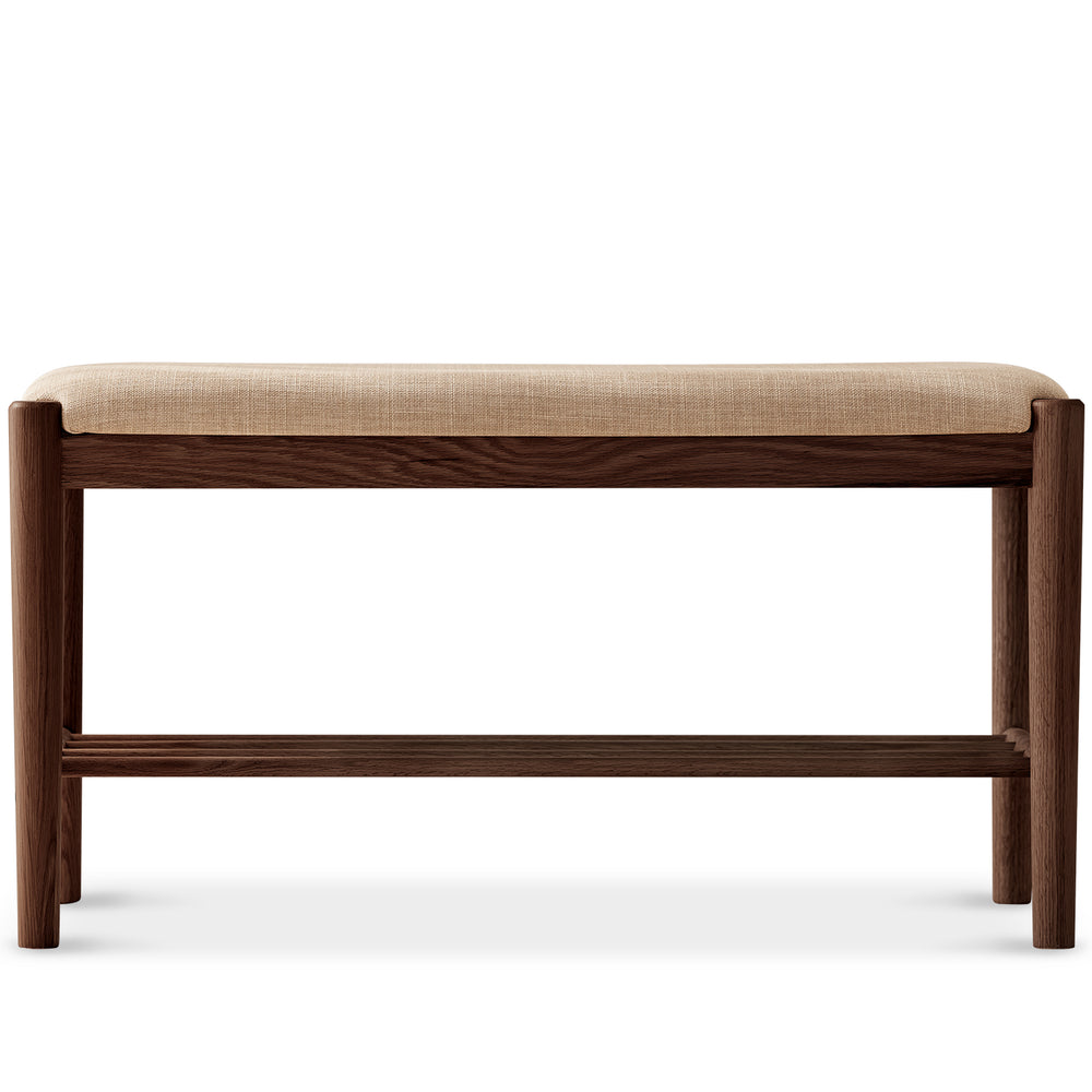 Scandinavian oak wood shoe changing bench fuji walnut in white background.