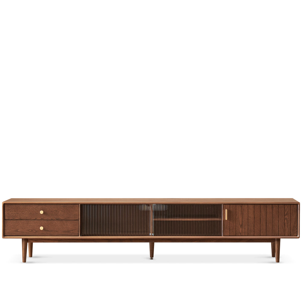 Scandinavian oak wood tv console danya walnut in white background.