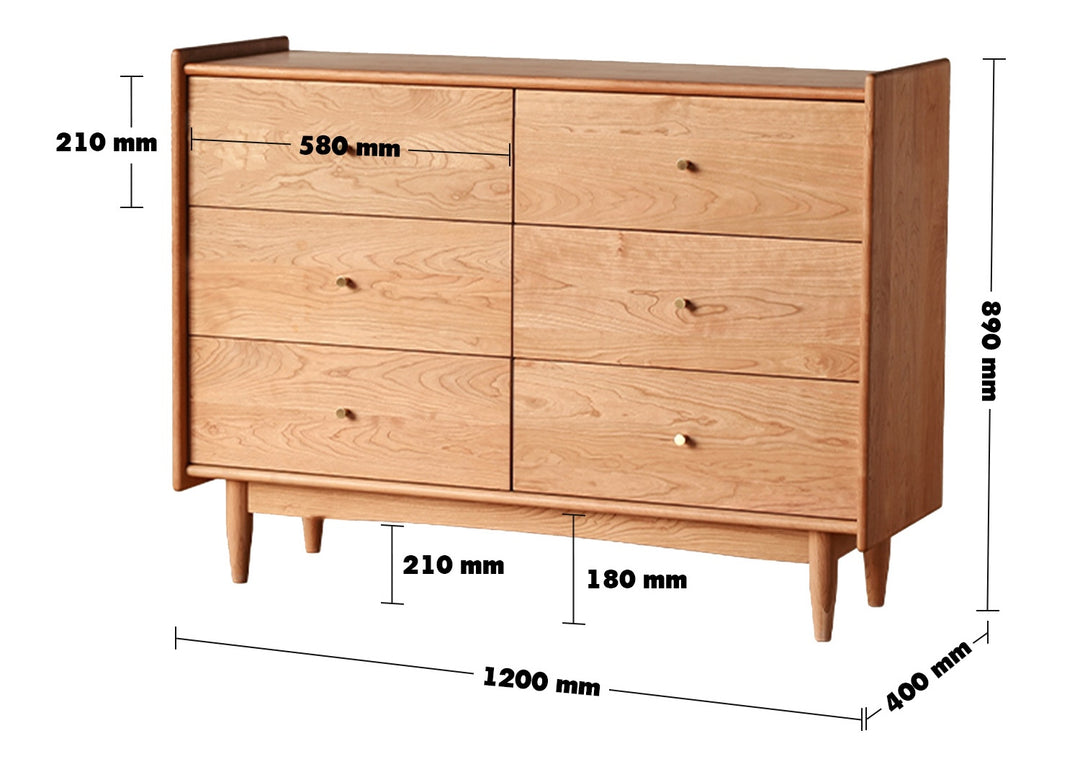 Japandi Wood Drawer Cabinet CHERRY 6 DRAWERS Size Chart