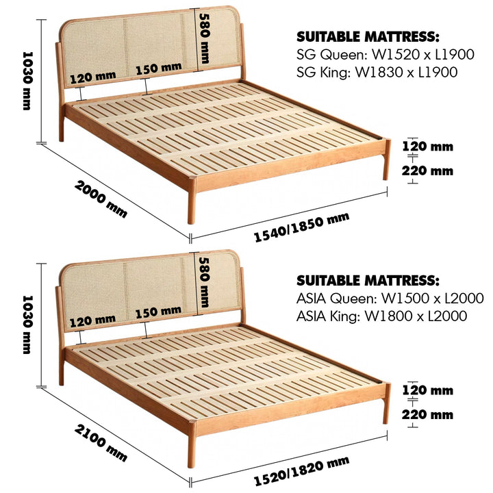 Japandi Wood Bed CHERRY RATTAN Size Chart