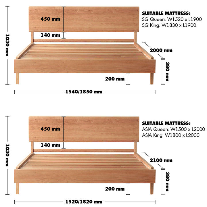 Japandi Wood Bed CHERRY NUT Size Chart