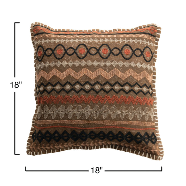 18" square cotton pillow w/ embroidery, multi color size charts.