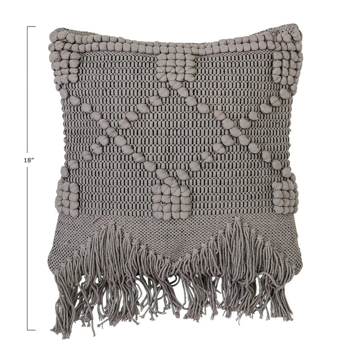 18" square textured woven cotton pillow w/ fringe, grey size charts.