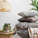 18" square textured woven cotton pillow w/ fringe, grey primary product view.