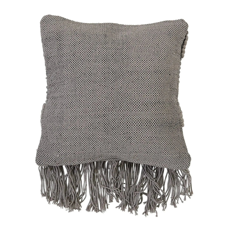 18" square textured woven cotton pillow w/ fringe, grey color swatches.