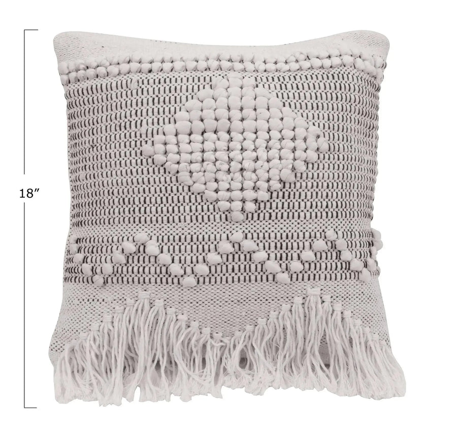 18" square textured woven cotton pillow w/ fringe, ivory color & grey primary product view.