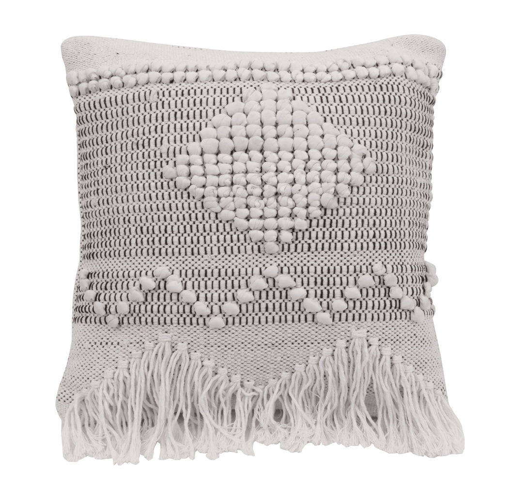 18" Square Textured Woven Cotton Pillow w/ Fringe, Ivory Color & Grey