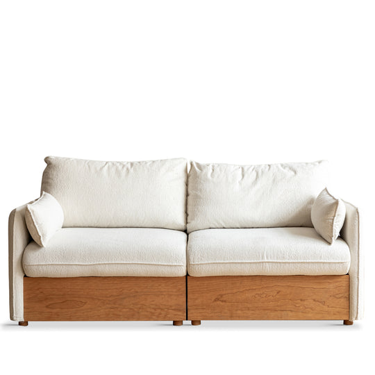 Japandi boucle fabric pine wood storage 2 seater sofa kangaroo in white background.