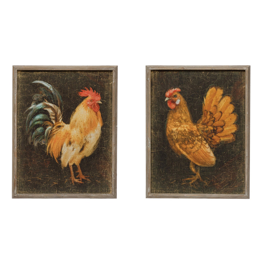 19"w x 24"h wood framed wall decor w/ chicken, distressed finish, 2 styles in white background.
