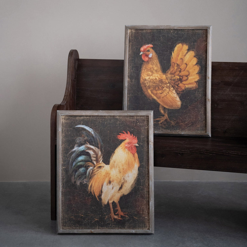 19"w x 24"h wood framed wall decor w/ chicken, distressed finish, 2 styles primary product view.