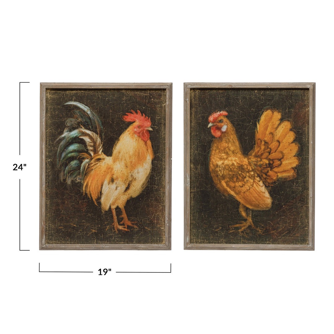 19"w x 24"h wood framed wall decor w/ chicken, distressed finish, 2 styles size charts.