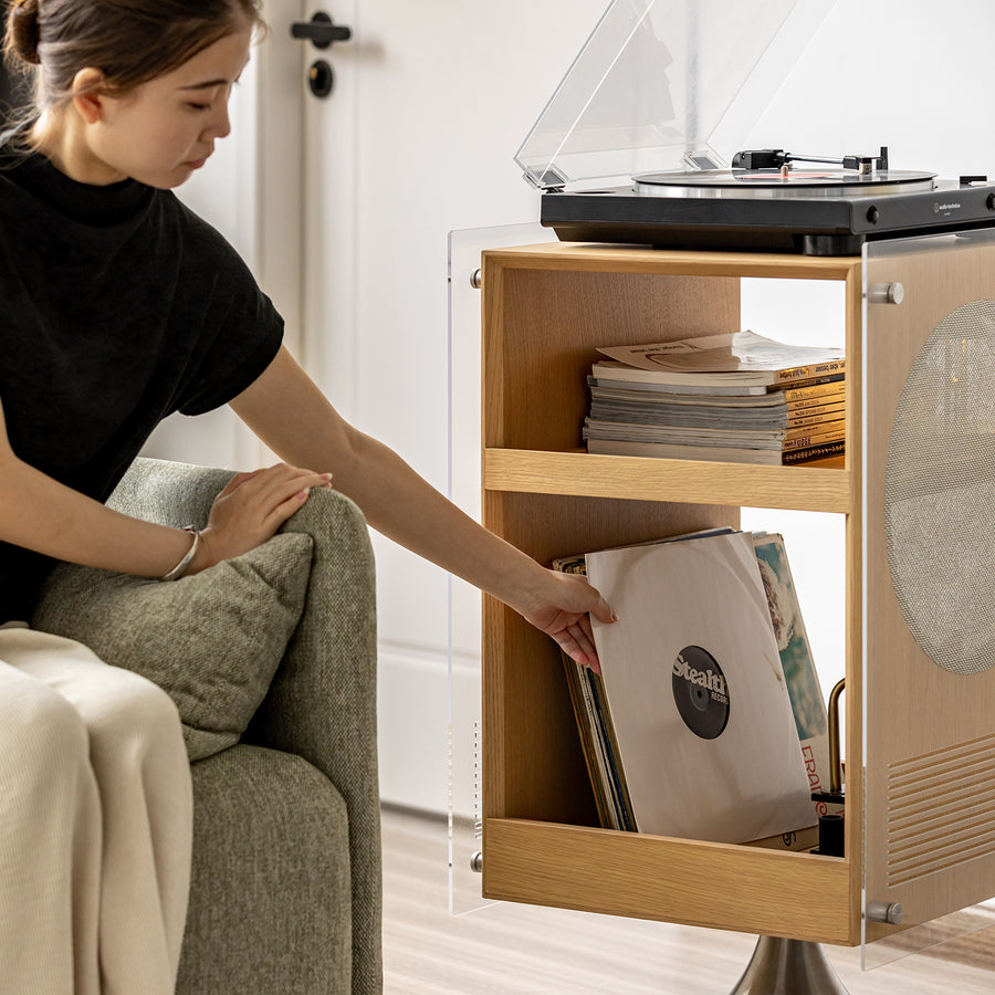 Minimalist oak wood veneer revolving side table muse primary product view.