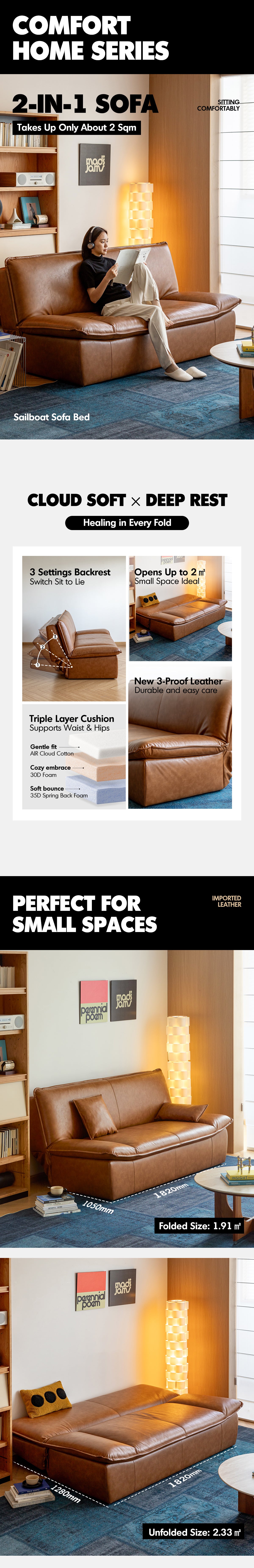 Modern Microfiber Leather 2 Seater Sofa Bed SAILBOAT Good to Know - 1