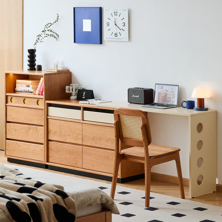 Scandinavian cherry wood dressing table timeless in white background.