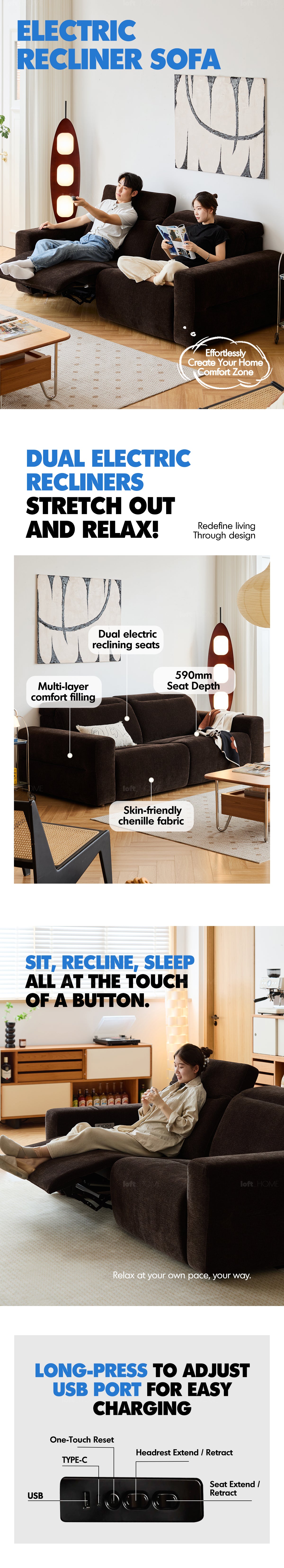 Cream Chenille Velvet Fabric Electric Recliner 2 Seater Sofa LOLO Good to Know - 1