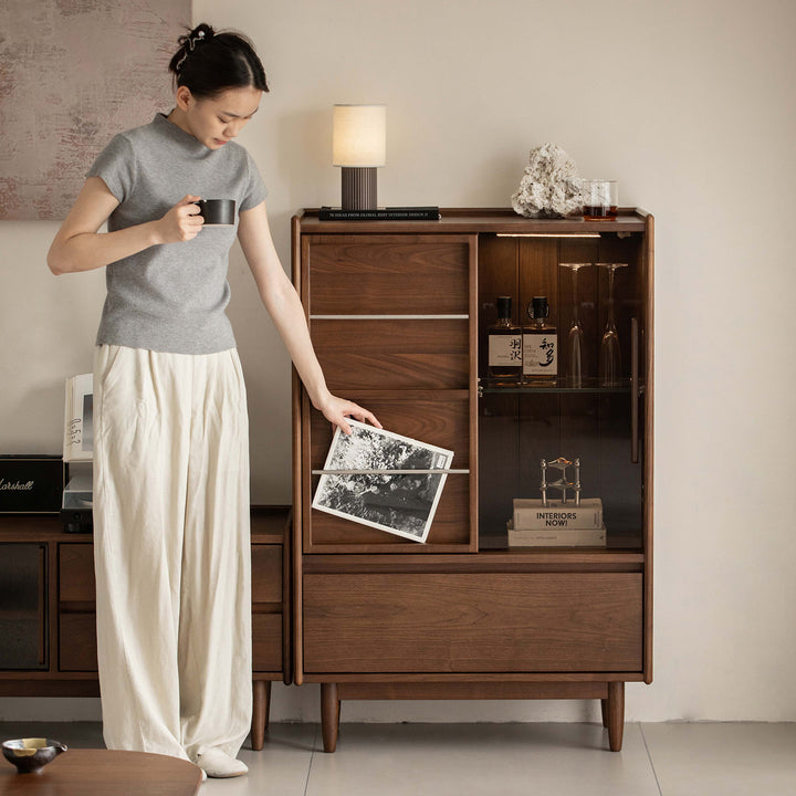 Vintage walnut wood side cabinet vista primary product view.