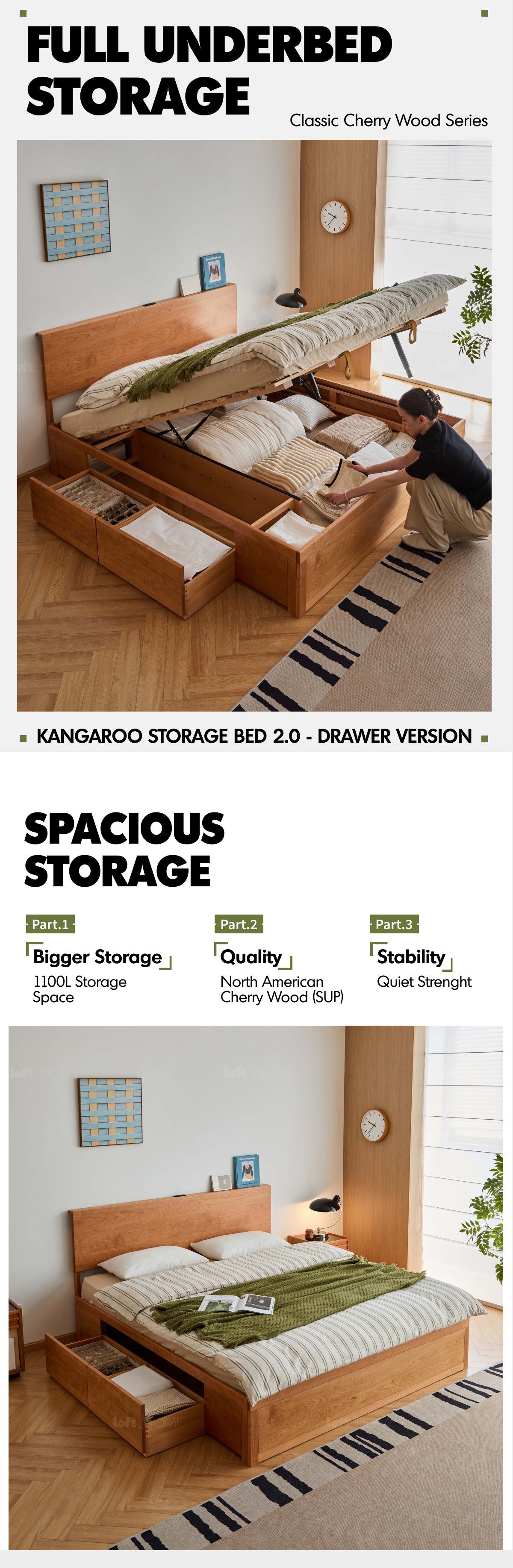 Scandinavian Cherry Wood Lift-Up Storage Bed With Drawer KANGAROO Good to Know - 1