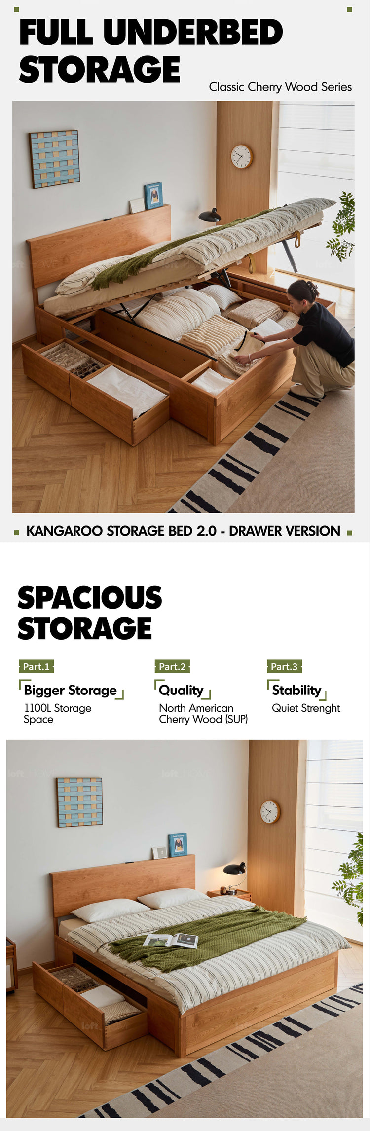 Scandinavian Cherry Wood Lift-Up Storage Bed With Drawer KANGAROO Good to Know Preview-1