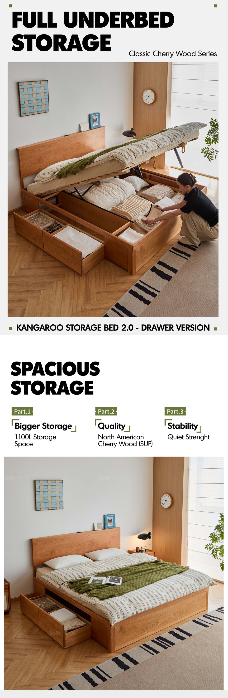 Scandinavian Cherry Wood Lift-Up Storage Bed With Drawer KANGAROO More Details and Instruction