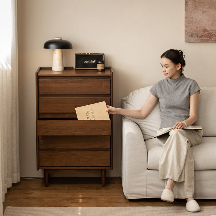 Vintage walnut wood chest of drawers vista primary product view.