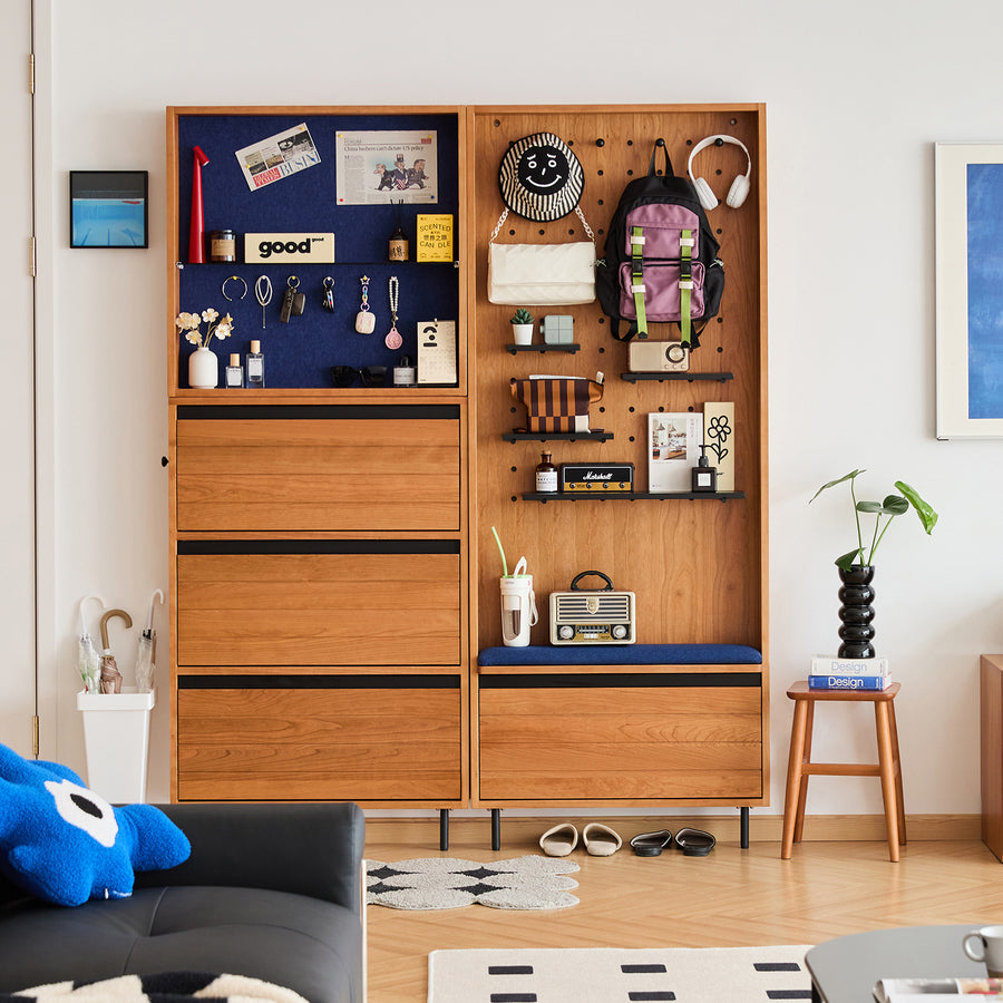 Scandinavian cherry wood shoe cabinet corner primary product view.
