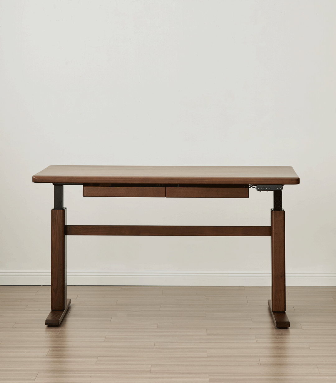 Japandi walnut wood electric height adjustable study table cloud lifting color swatches.