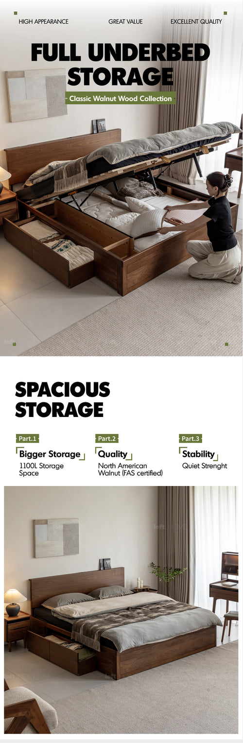 Japandi Walnut Wood Lift-Up Storage Bed With Drawer KANGAROO Good to Know Preview-1