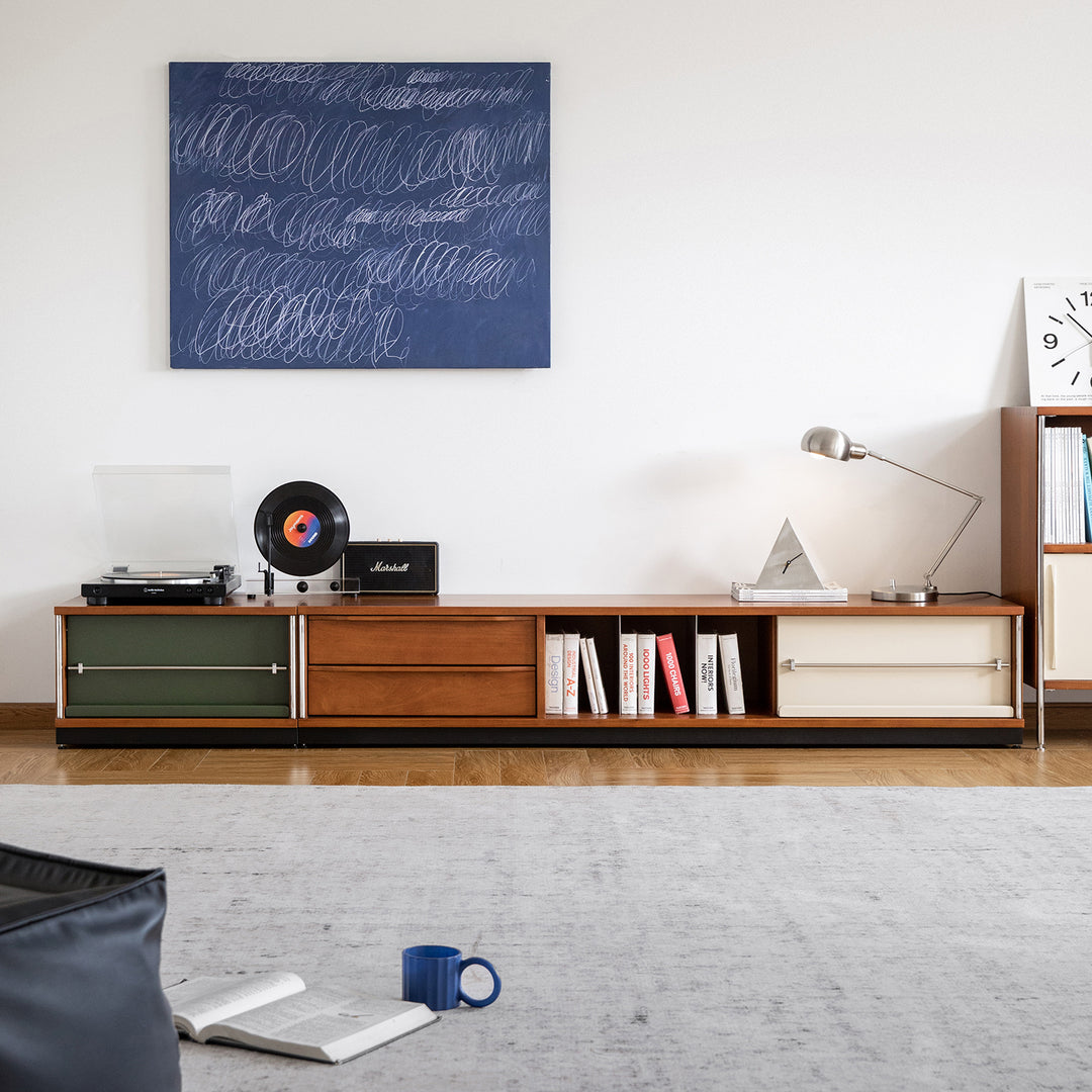 Vintage boxwood modular tv console silver wing primary product view.