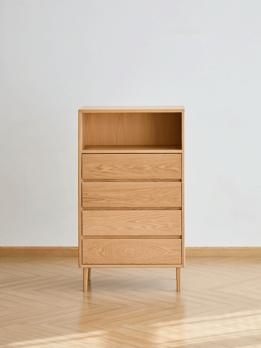 Scandinavian oak wood chest of 5 drawers floating light color swatches.