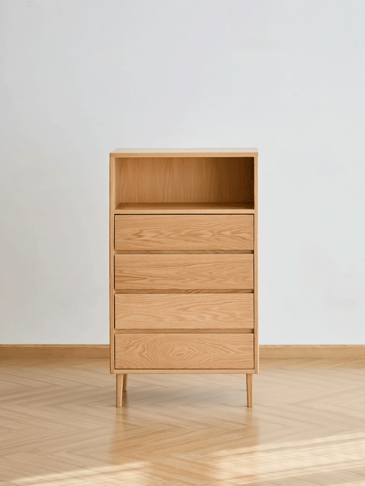 Scandinavian oak wood chest of 5 drawers floating light color swatches.