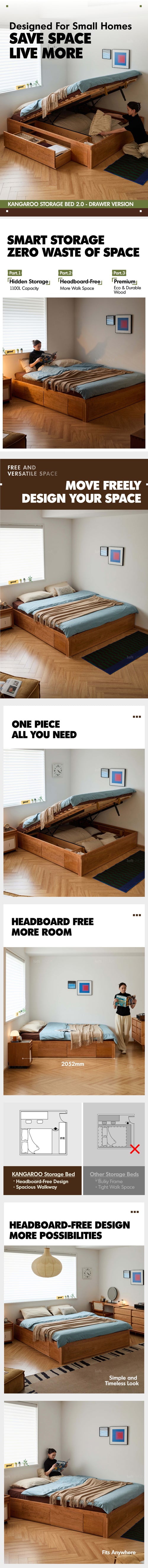 Scandinavian Cherry Wood Lift-Up Storage Platform Bed With Drawer KANGAROO Good to Know Preview-1