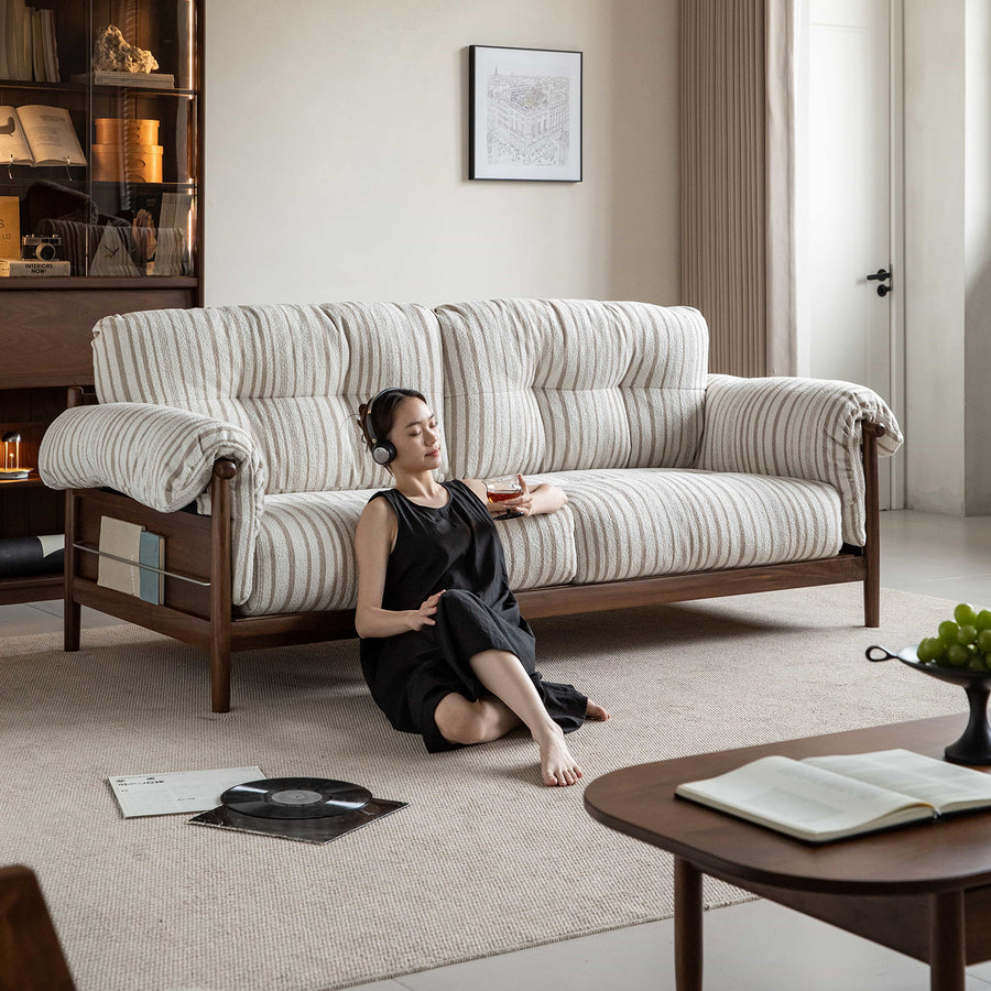 Scandinavian chenille velvet fabric walnut wood 3 seater sofa sofa open backed primary product view.