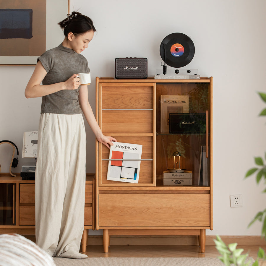 Scandinavian cherry wood side cabinet vista primary product view.