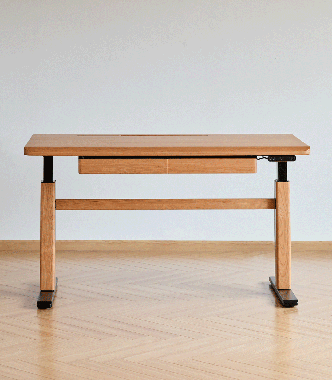 Scandinavian cherry wood electric height adjustable study table cloud lifting color swatches.