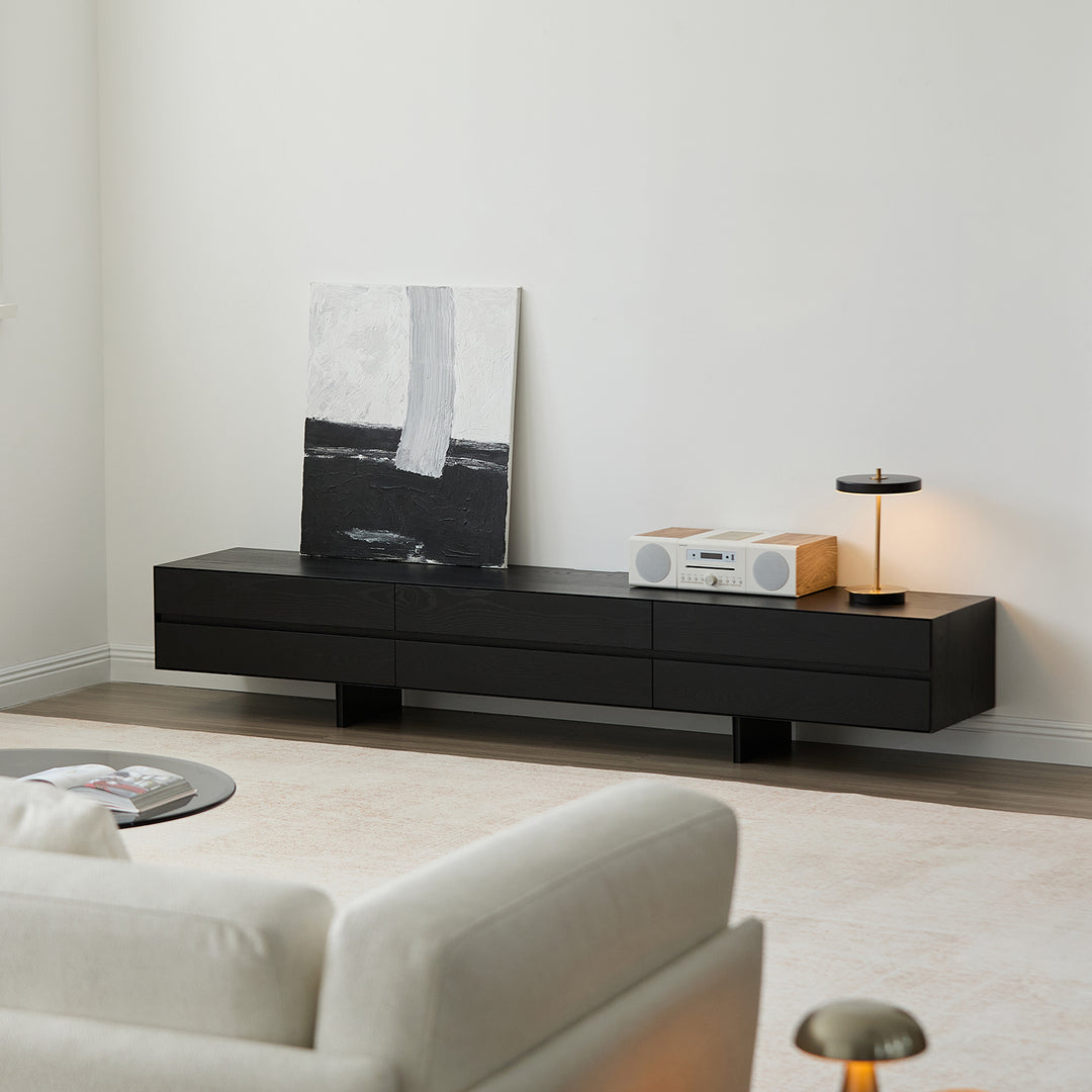 Minimalist ash wood tv console shadow primary product view.