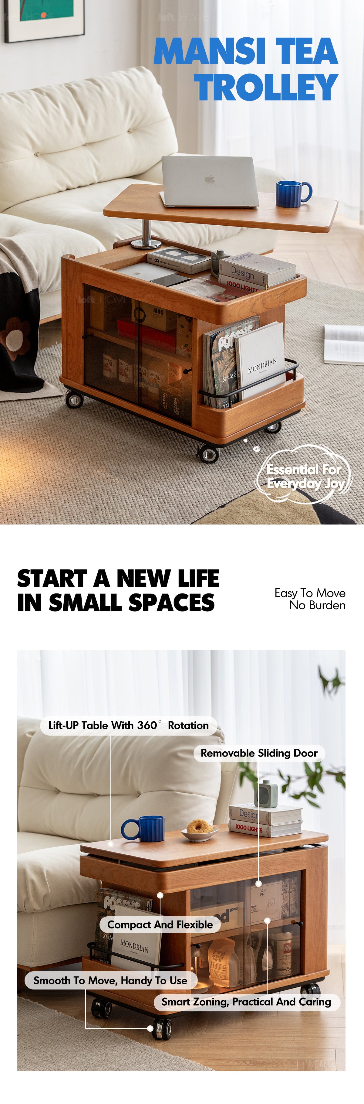 Scandinavian Cherry Wood Wheeled Trolley Side Table DRIFT Good to Know - 1
