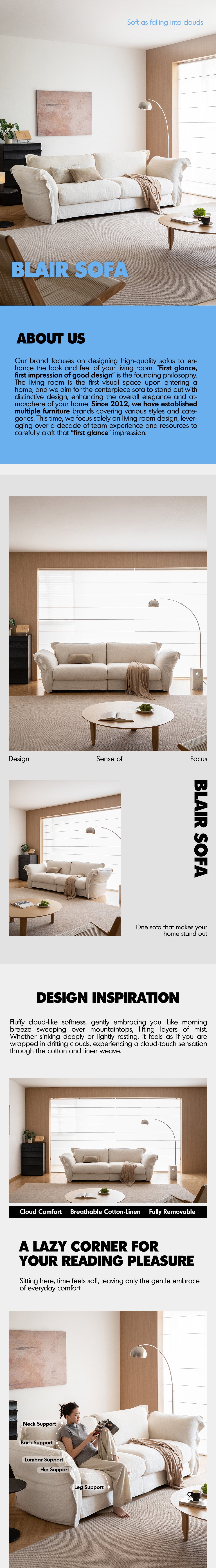 Minimalist Cotton Fabric 3 Seater Sofa BLAIR Good to Know - 1