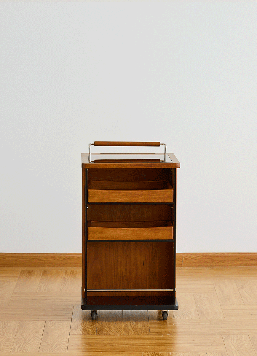 Vintage boxwood wheeled trolley side table moonrise color swatches.