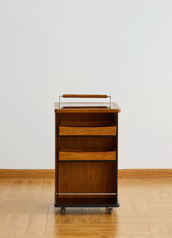 Vintage boxwood wheeled trolley side table moonrise color swatches.