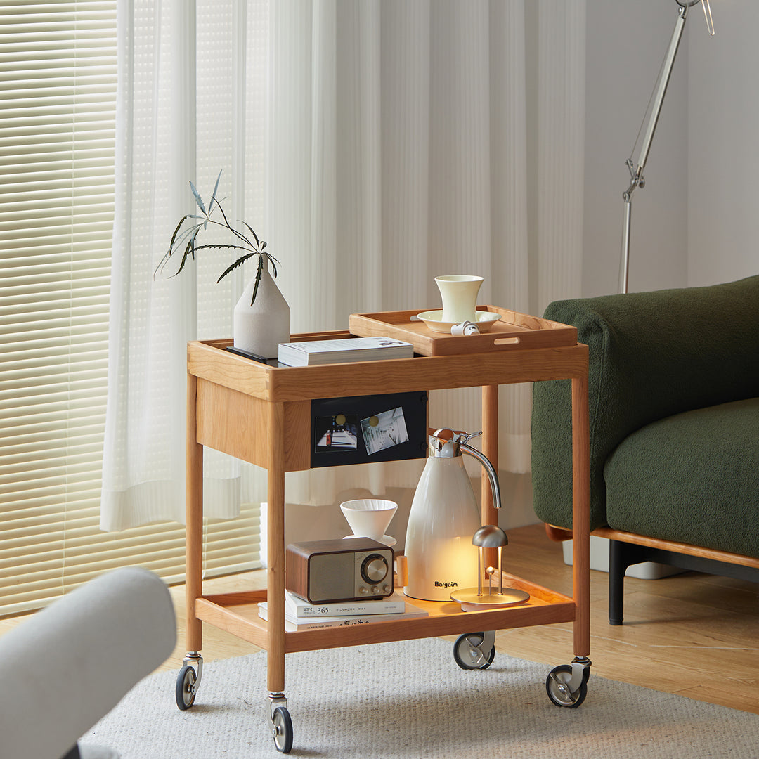 Scandinavian cherry wood wheeled trolley side table pocket primary product view.