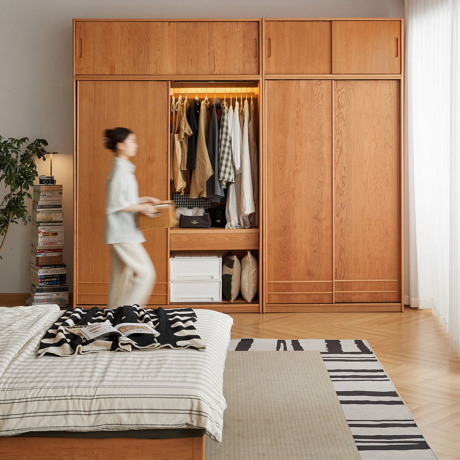 Scandinavian cherry wood sliding door wardrobe autumn primary product view.